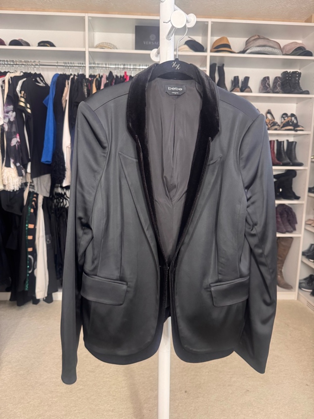 bebe Black Satin Blazer with Velvet Collar
